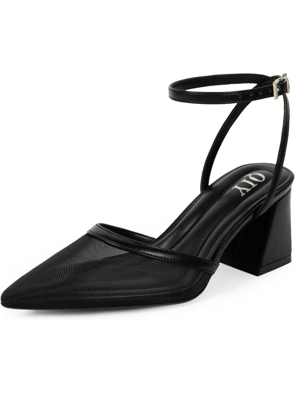 🆕Women Black Mesh Pointed Toe Block Heels Chunky Ankle Strap Bridal Dress Pumps